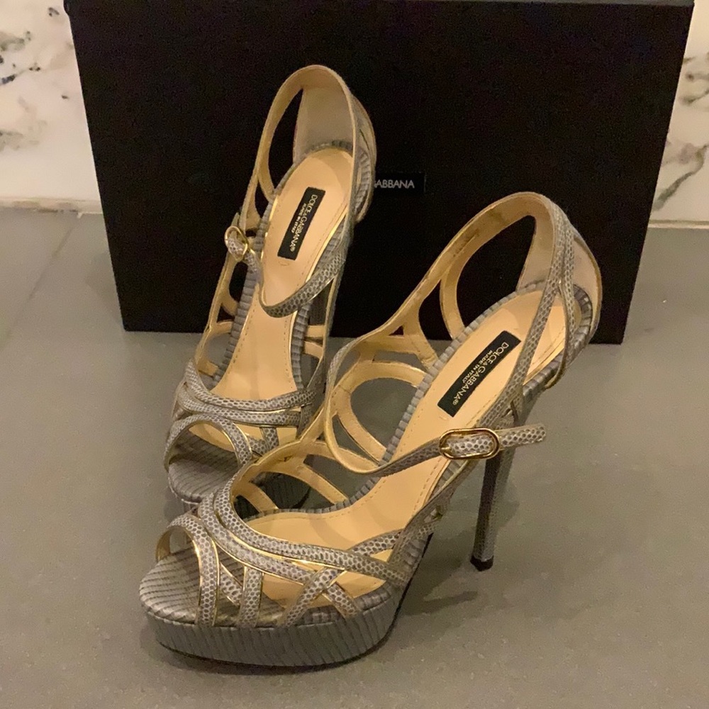 Dolce & Gabbana strappy gray snakeskin pumps